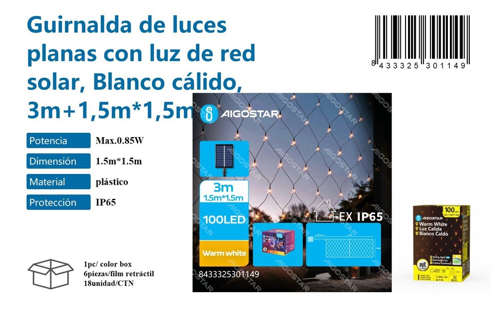 Guirnalda de luces planas con luz de red solar blanco cálido 3M+1,5M*1,5M - Iluminación decorativa