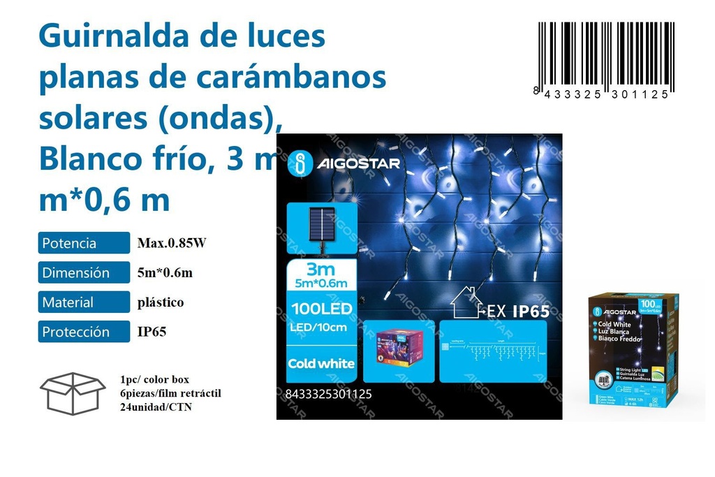 Guirnalda de luces planas de carámbanos solares blanco frío 3M+5M*0,6M - Iluminación decorativa