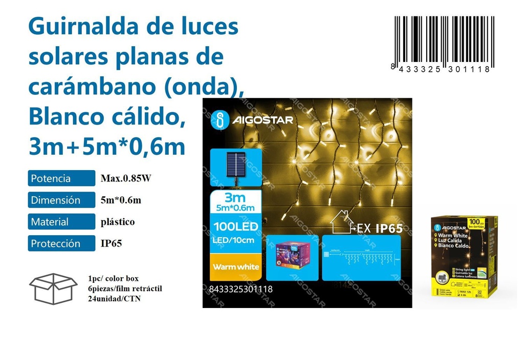 Guirnalda de luces solares planas de carámbano blanco cálido 3M+5M*0,6M - Iluminación decorativa