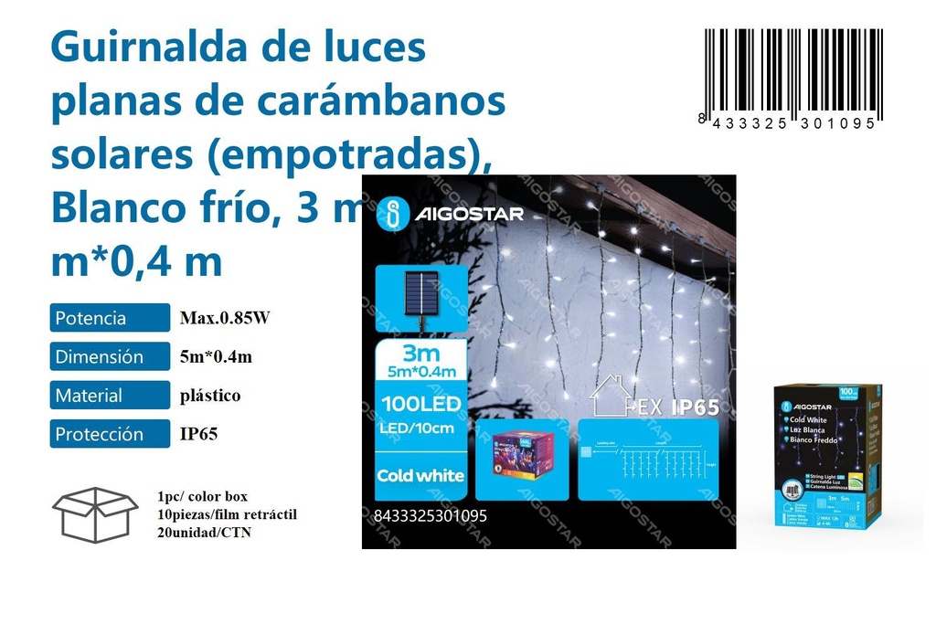 Guirnalda de luces planas de carámbanos solares blanco frío 3M+5M*0,4M - Iluminación decorativa