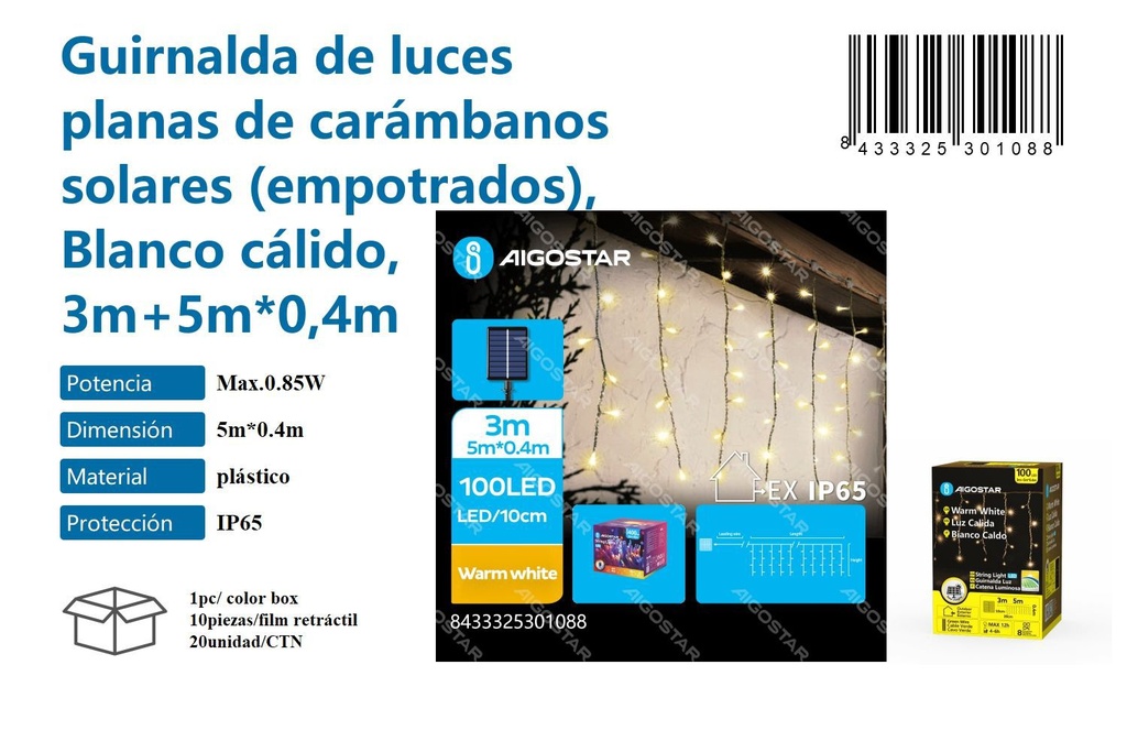 Guirnalda de luces planas de carámbanos solares blanco cálido 3M+5M*0,4M - Iluminación decorativa