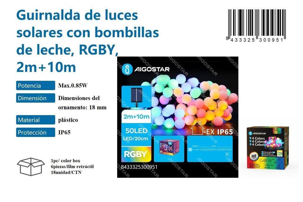 Guirnalda de luces solares con bombillas RGB 2m+10m - Decoraciones navideñas