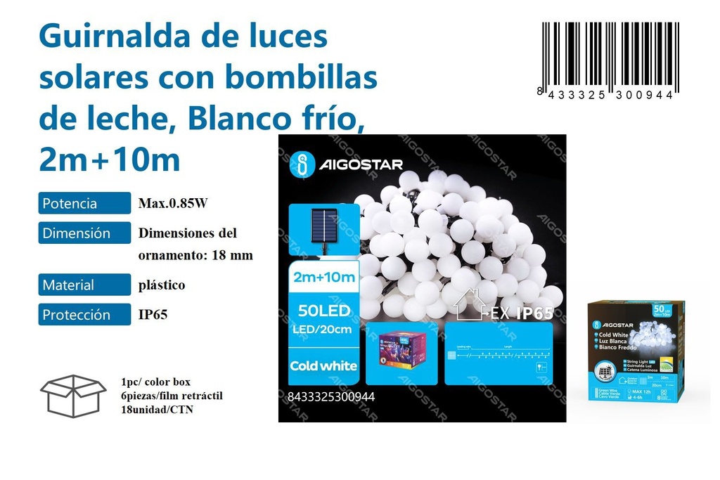 Guirnalda de luces solares con bombillas de leche blanco frío 2M+10M - Decoración luminosa