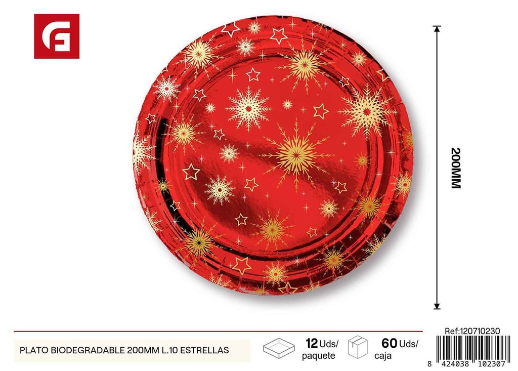 Plato biodegradable 200mm L/10 diseño estrellas - Vajilla desechable decorativa