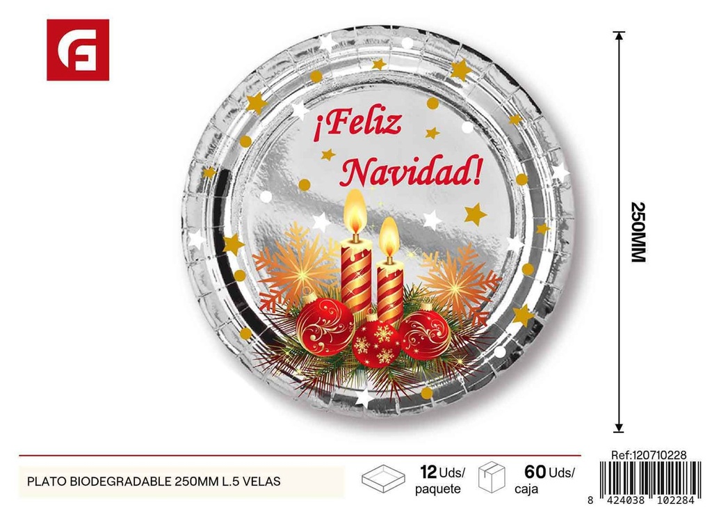 Plato biodegradable de Navidad 250mm L.5 velas - Vajilla desechable