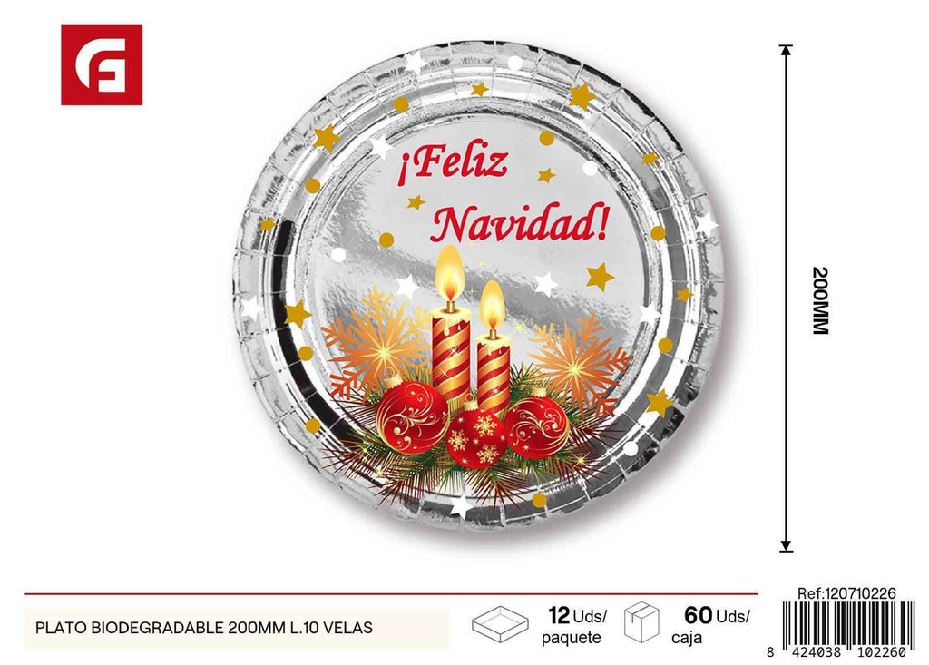 Plato biodegradable 200 mm - Paquetes de 10 - Velas Navidad