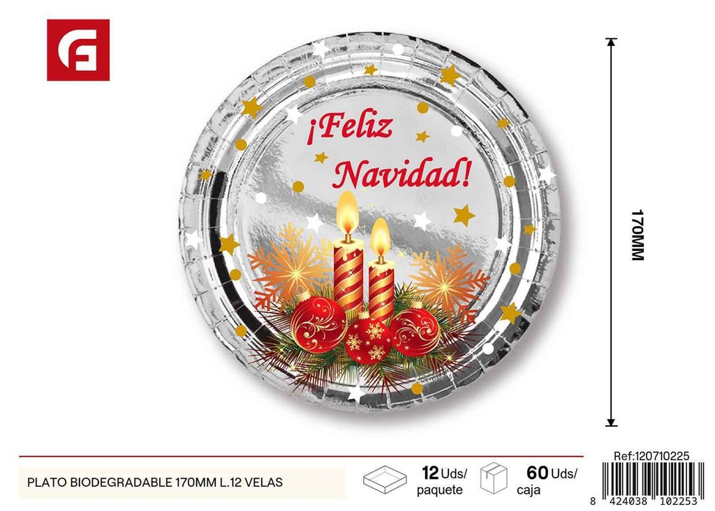 Plato biodegradable 170 mm - Paquetes de 12 - Velas Navidad