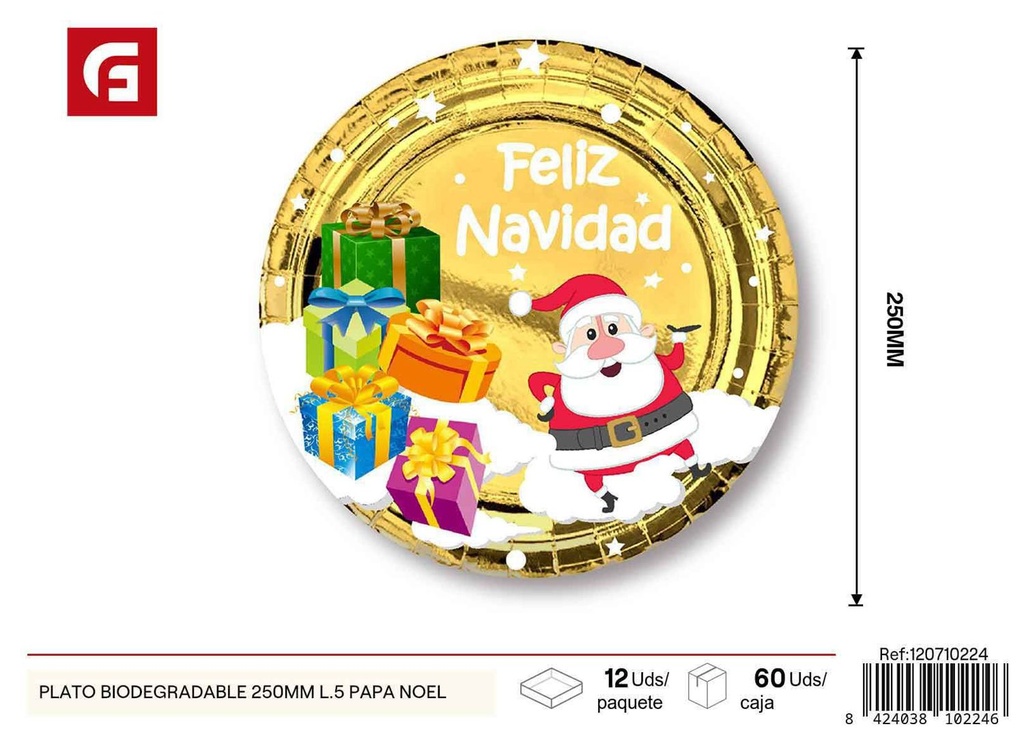 Plato biodegradable de Navidad 250mm L.5 Papa Noel - Vajilla desechable