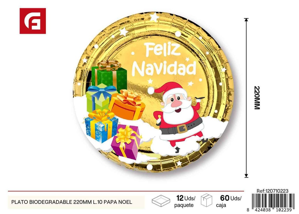 Plato biodegradable versión Navidad 220mm L.10 Papa Noel - Vajilla desechable