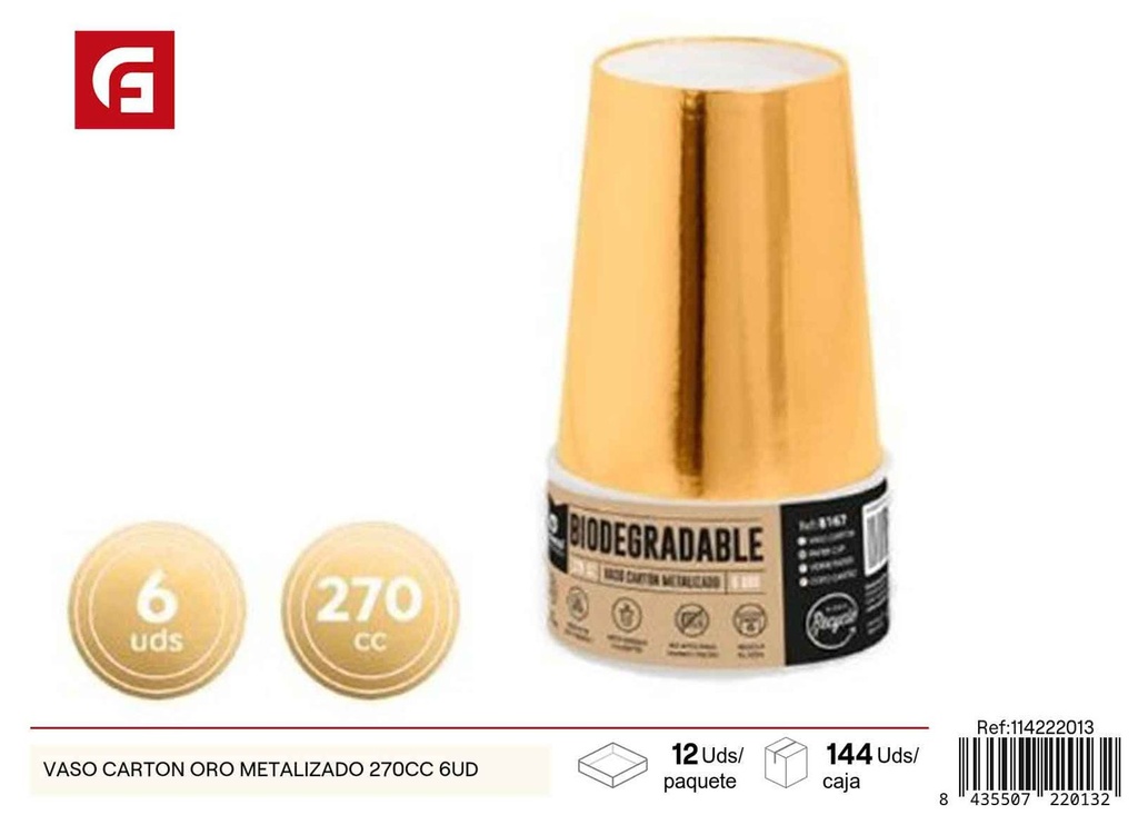 Vaso cartón oro metalizado 270 cc 6 unidades - Utensilios desechables