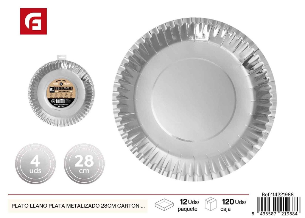 Plato llano de cartón plateado metalizado 28 cm pack de 4 - Platos desechables navideños y decoración de mesa