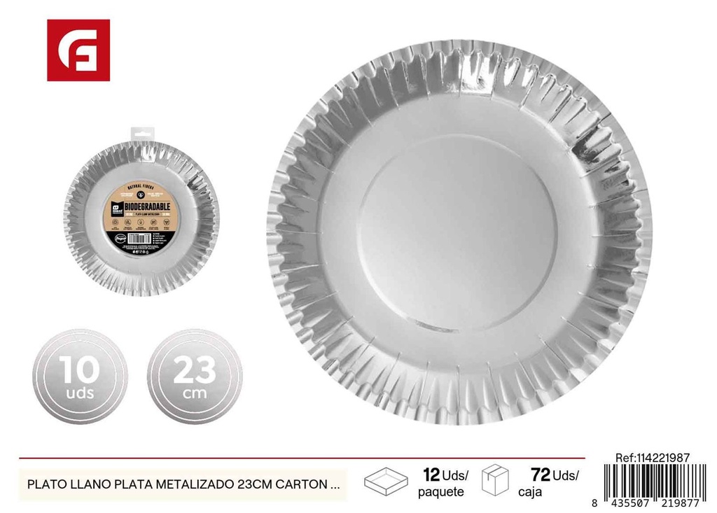 Plato llano de cartón plateado metalizado 23 cm pack de 10 - Platos desechables navideños y decoración de mesa