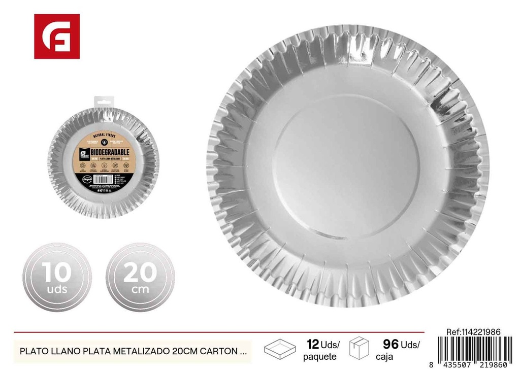 Plato llano de cartón plateado metalizado 20 cm pack de 10 - Platos desechables navideños y decoración de mesa