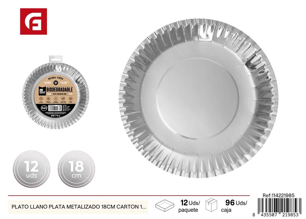 Plato llano de cartón plateado metalizado 18 cm pack de 12 - Platos desechables navideños y decoración de mesa