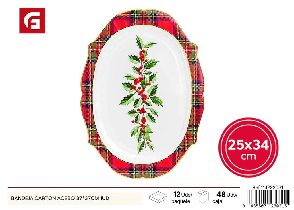 Bandeja de cartón acebo 37x37 cm unidad - Bandejas desechables navideñas y decoración de mesa