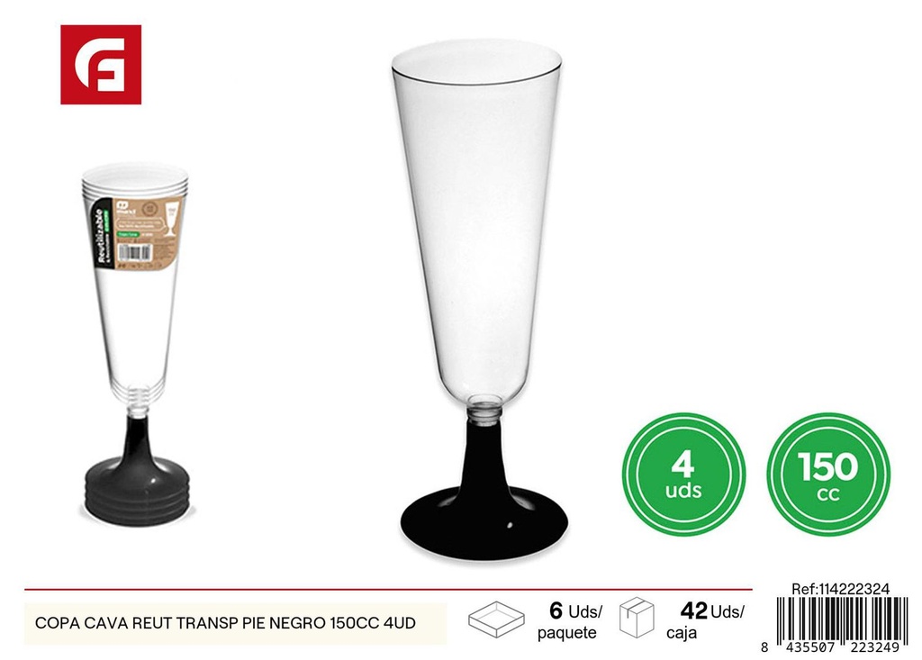 Copa de cava transparente con pie negro 150 ml pack de 4 - Copas desechables y decoración de fiestas