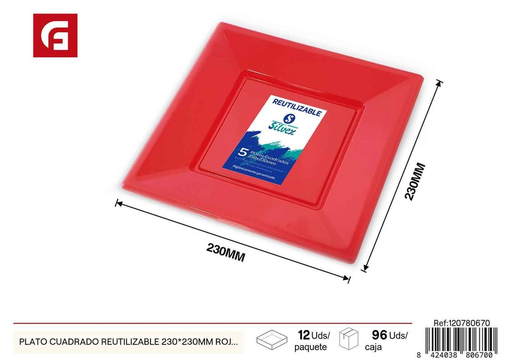 Plato cuadrado reutilizable rojo 230*230 mm - Vajilla desechable de Navidad