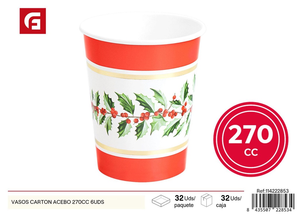 Vasos de cartón acebo 270 ml pack de 6 - Vasos desechables navideños y decoración de mesa