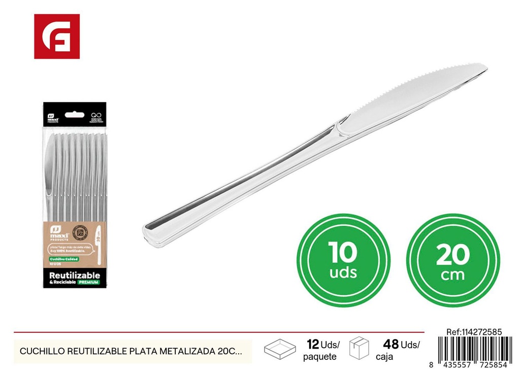 Cuchillo reutilizable plata metalizada 20 cm 10 uds - Cubiertos para Navidad