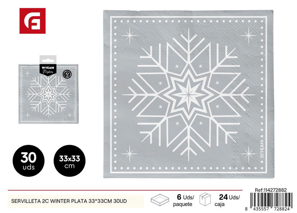 Servilleta 2 capas 33x33 cm plata 30 uds - Decoración de mesa para Navidad