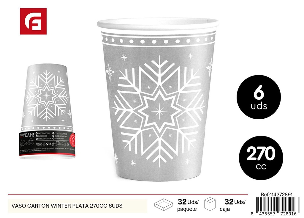 Vasos de cartón invierno plata 270cc - 6 unidades