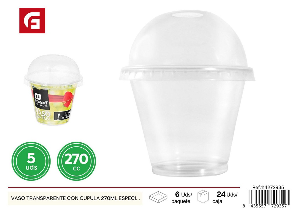 Vaso transparente con cúpula 270 ml especial uvas 5 uds - Decoración de mesa para Navidad