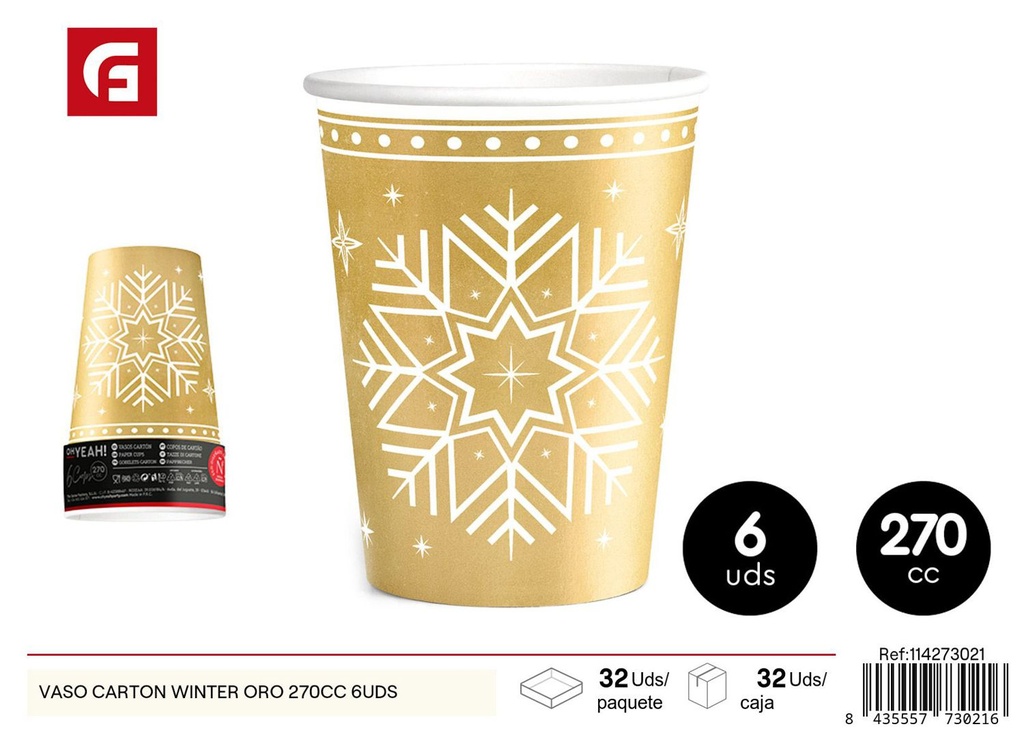 Vasos de cartón invierno oro 270cc - 6 unidades