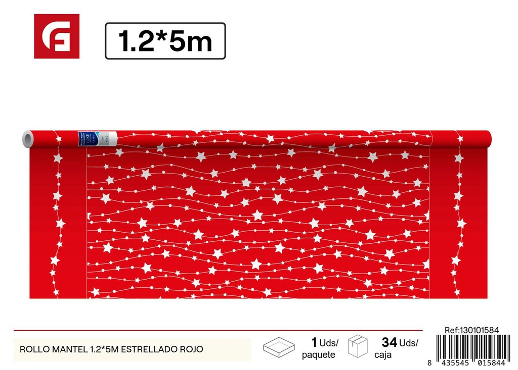 Mantel de papel en rollo 1.2x5 m con estrellas rojas - Decoración de mesa para Navidad