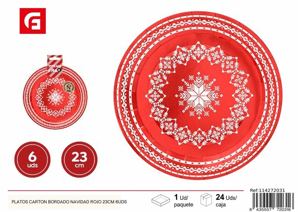 Plato rojo de cartón bordado navidad 23 cm - Set de platos navideños (6 unidades)