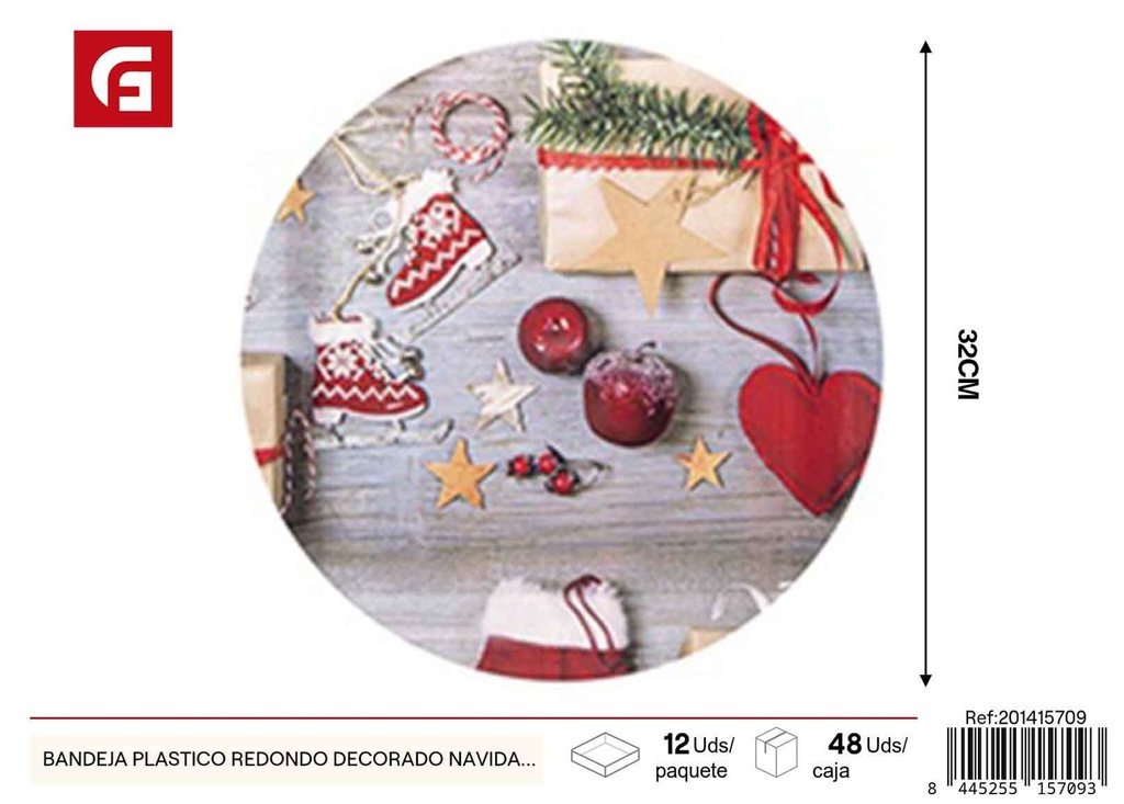 Bandeja de plástico redonda decorada para Navidad 28 cm