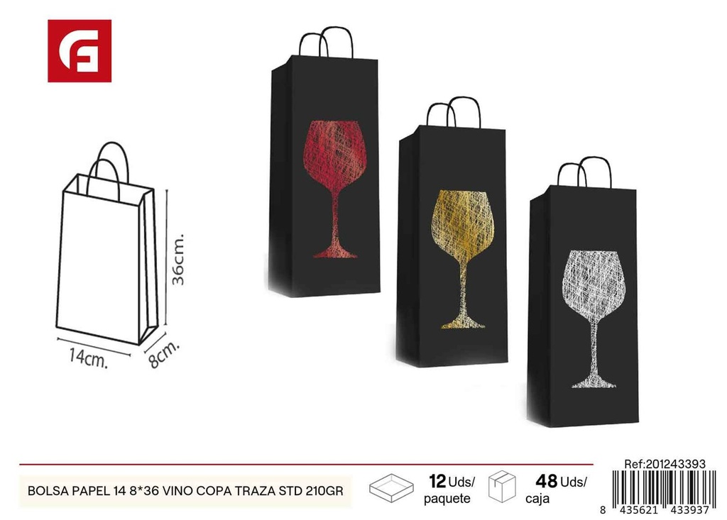 Bolsa papel 14+8x36 210gr vino copa traza std - Bolsas de regalo Navidad