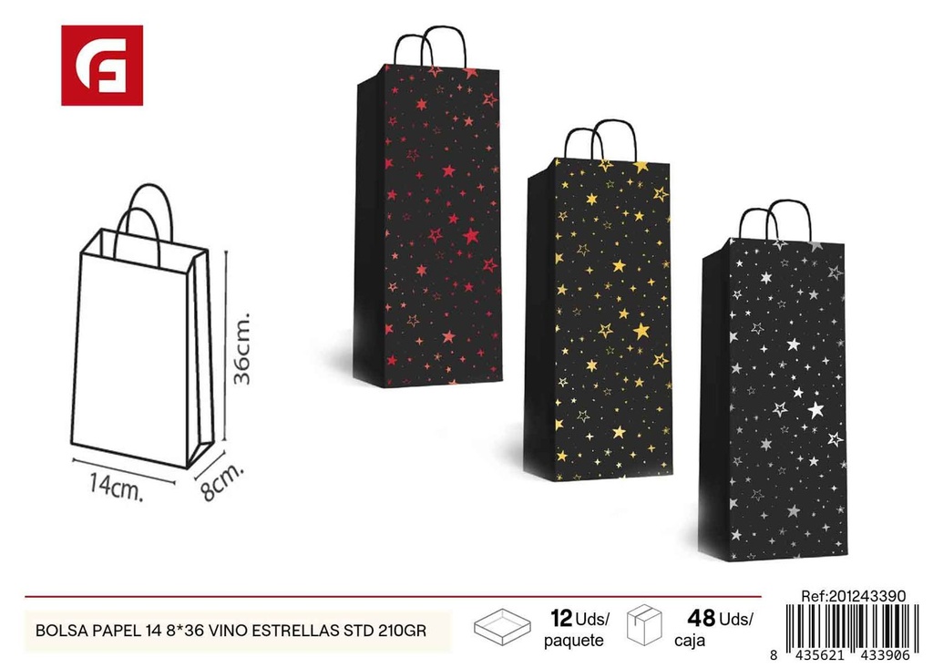 Bolsa papel 14+8*36 vino estrellas STD 210gr - Navidad