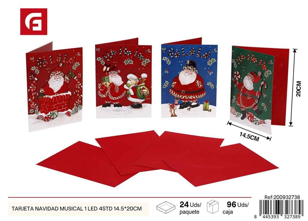 Tarjeta navidad musical 1LED 4STD 14.5*20 cm - Tarjetas de navidad y regalos