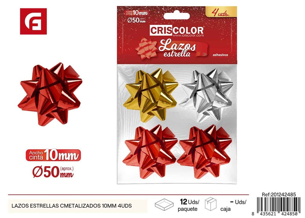  Lazos estrella metalizados 10mm 4 unidades - Decoraciones navideñas