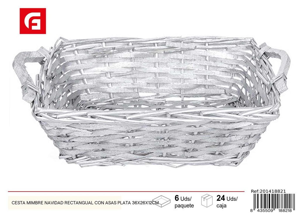 Cesta de mimbre Navidad rectangular con asas plata 36x26x12 cm - Cestas de regalo y decoración navideña