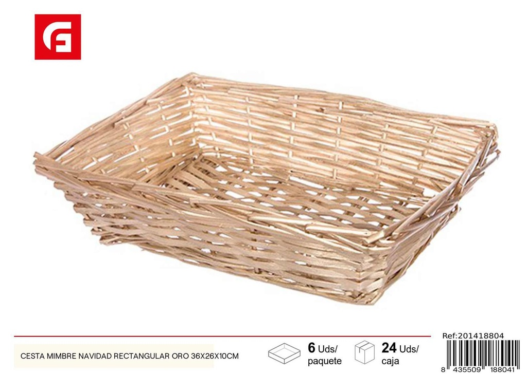 Cesta mimbre navidad rectangular oro 36X26X10CM - Cestas navideñas