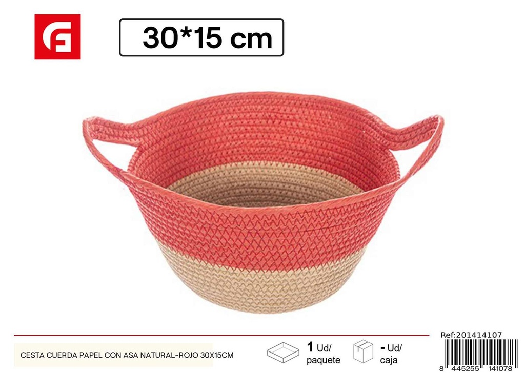 Cesta de cuerda papel con asa natural-rojo 30x15 cm - Decoración navideña