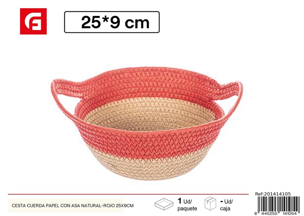 Cesta de cuerda con asa natural roja 25x9 cm - Cesta decorativa para Navidad