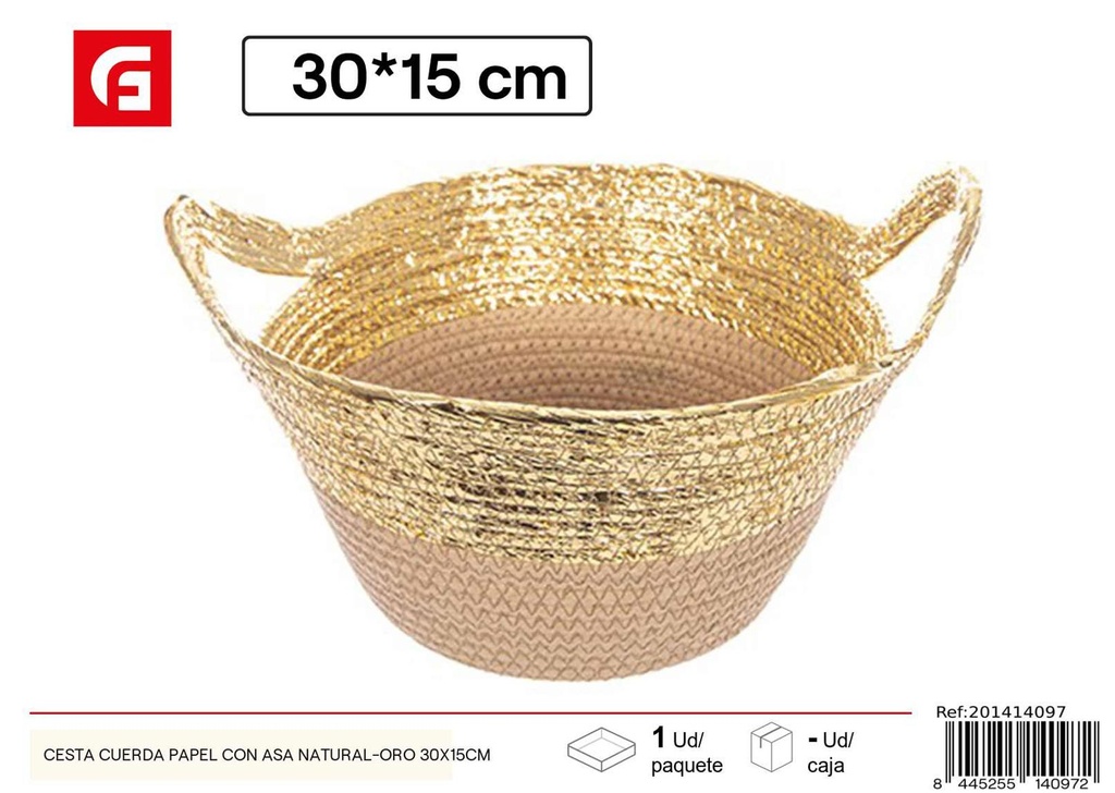 Cesta cuerda de papel con asa natural-oro 30x15 cm - Cestas de regalo para Navidad