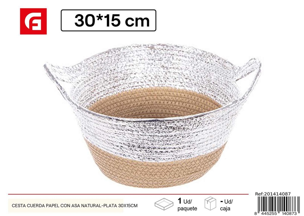 Cesta cuerda de papel con asa natural-plata 30x15 cm - Cestas de regalo para Navidad