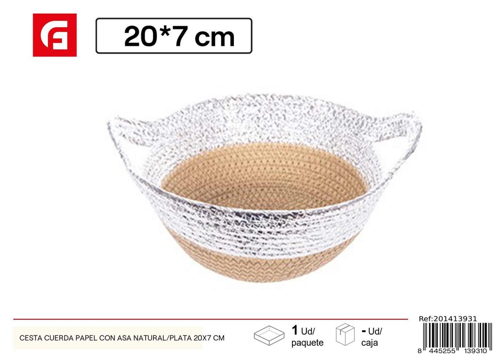 Cesta cuerda con asa natural/plata 20x7 cm - Cestas de regalo para Navidad