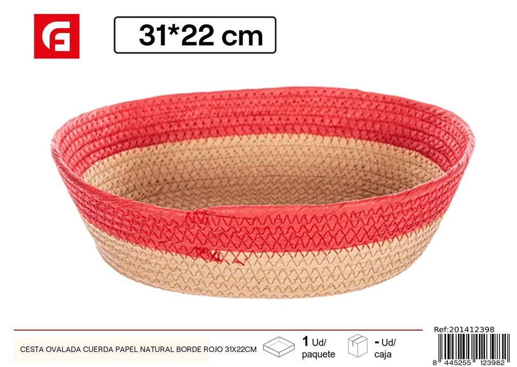 Cesta ovalada cuerda de papel natural borde rojo 31x22 cm - Cestas de regalo para Navidad