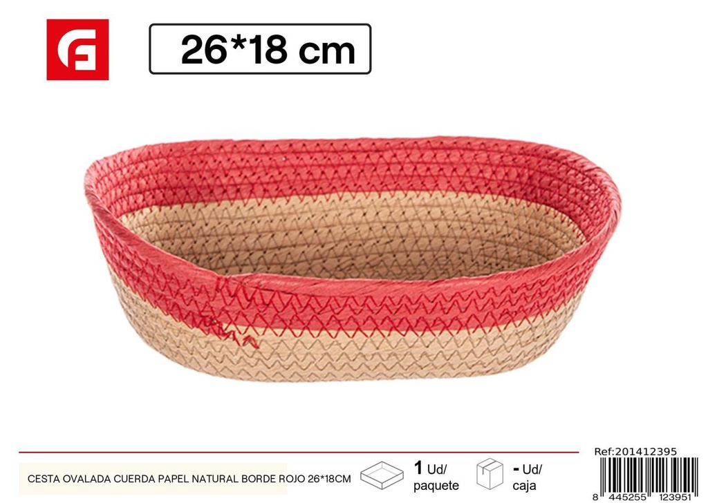 Cesta ovalada cuerda de papel natural borde rojo 26x18 cm - Cestas de regalo para Navidad