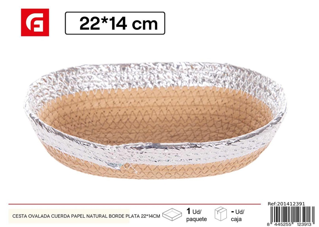 Cesta ovalada cuerda de papel natural borde plata 22x14 cm - Cestas de regalo para Navidad