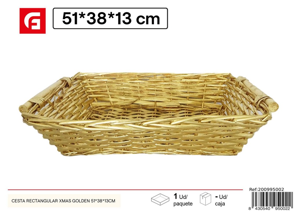  Cesta rectangular navideña Golden 51x38x13cm - Cestas de mimbre y adornos navideños