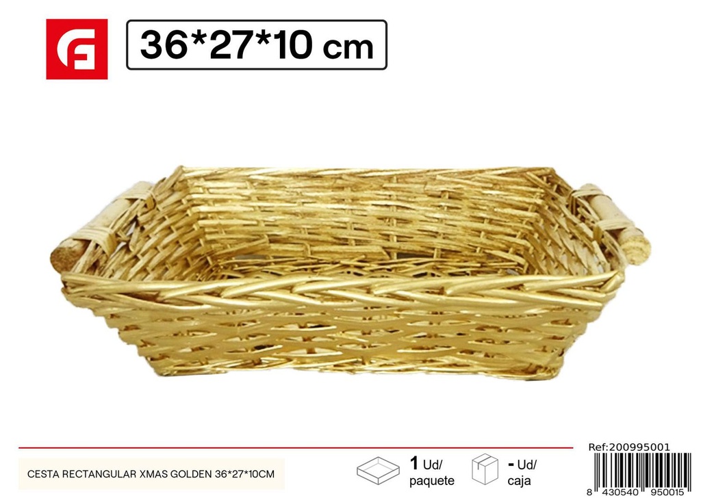 Cesta rectangular dorada navideña 36*27*10cm - Navidad