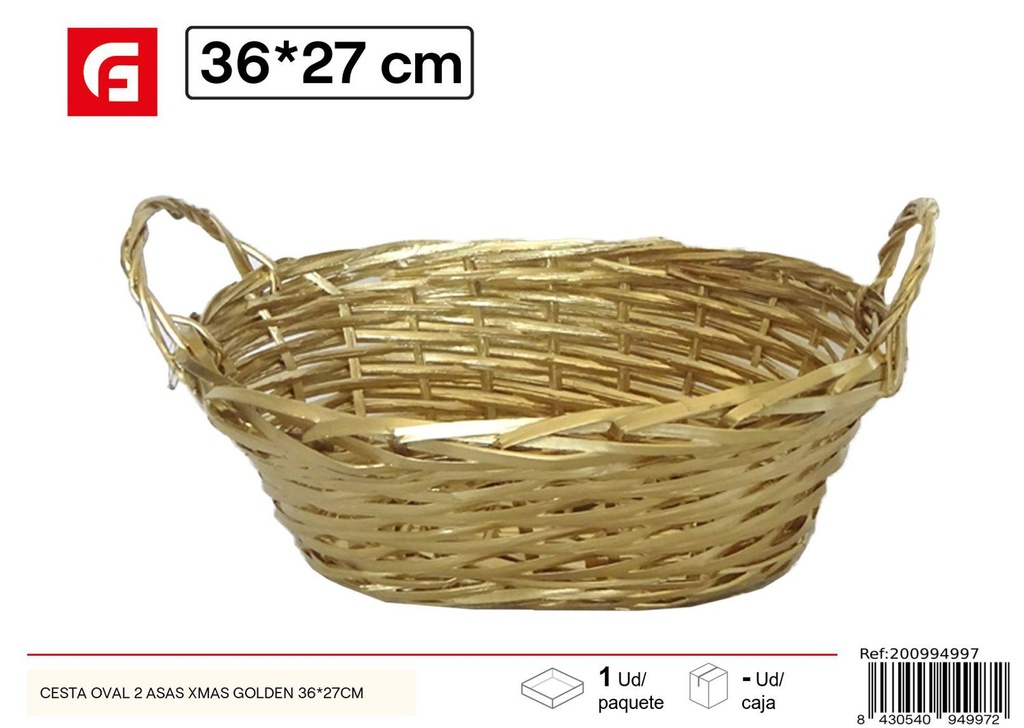 Cesta ovalada dorada con 2 asas 36x27 cm - Cestas navideñas