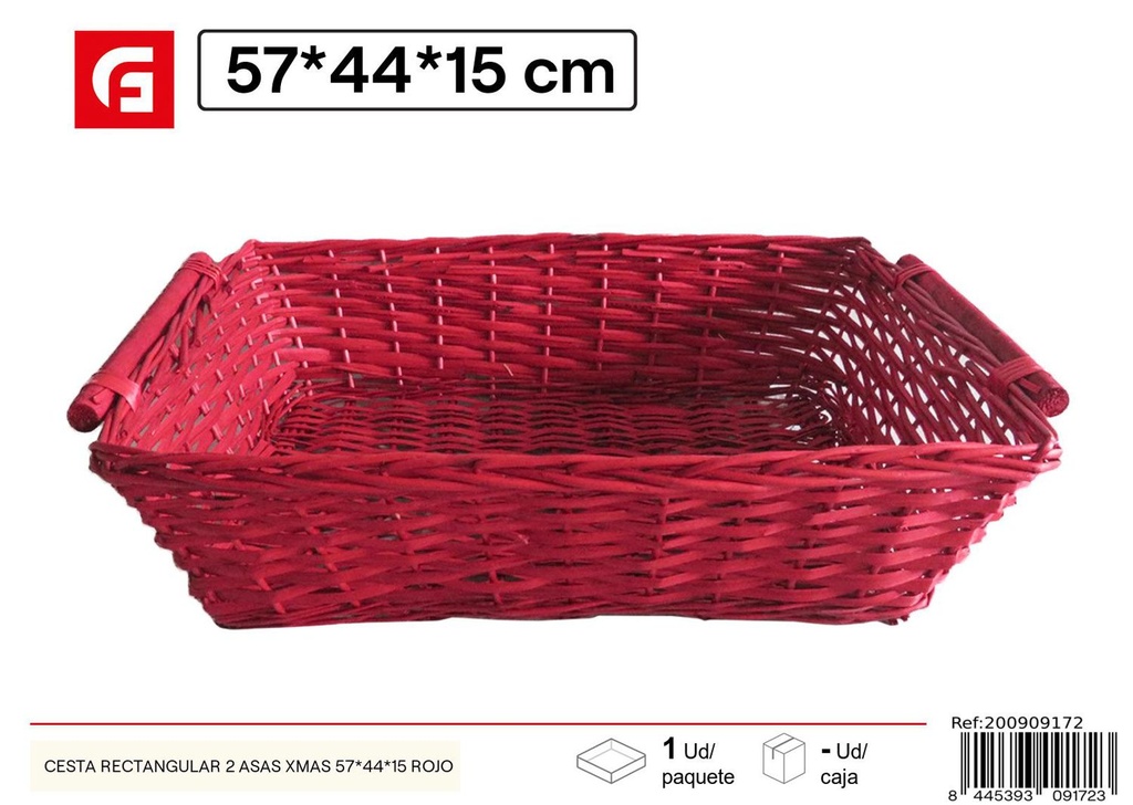 Cesta rectangular con 2 asas Xmas 57x44x15 rojo - Cestas navideñas para regalos