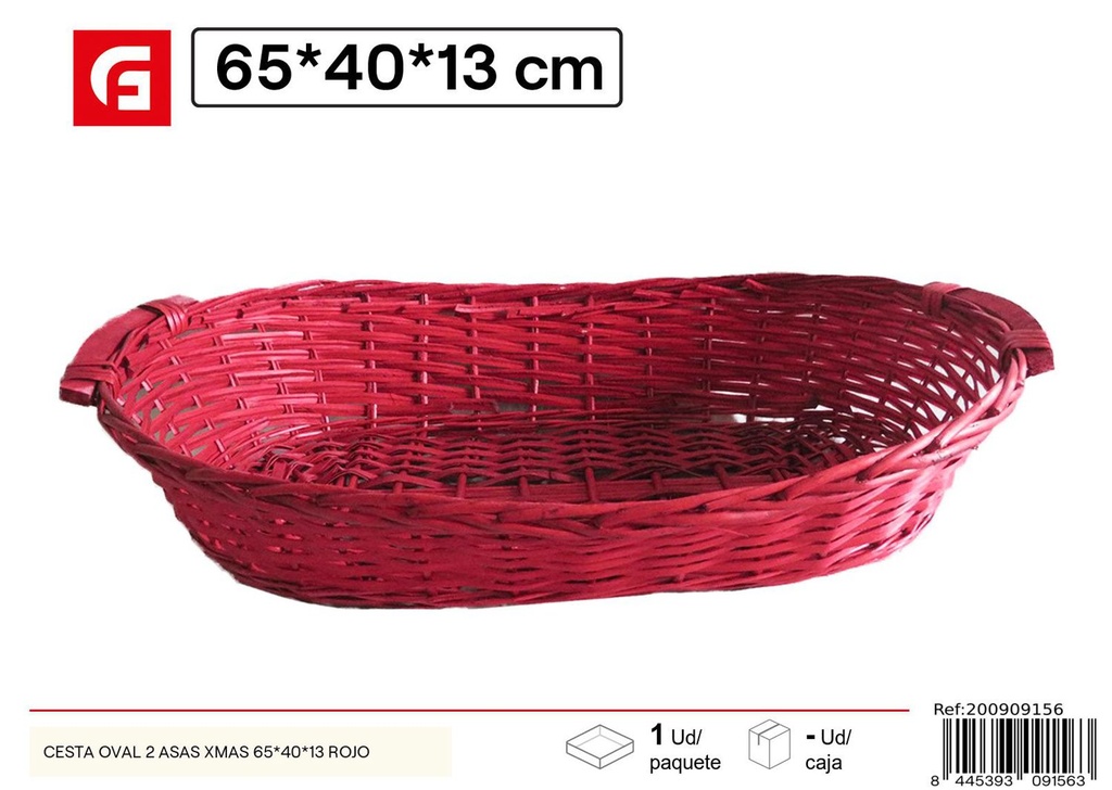 Cesta ovalada de mimbre con 2 asas XMAS 65x40x13 en rojo - Decoración navideña