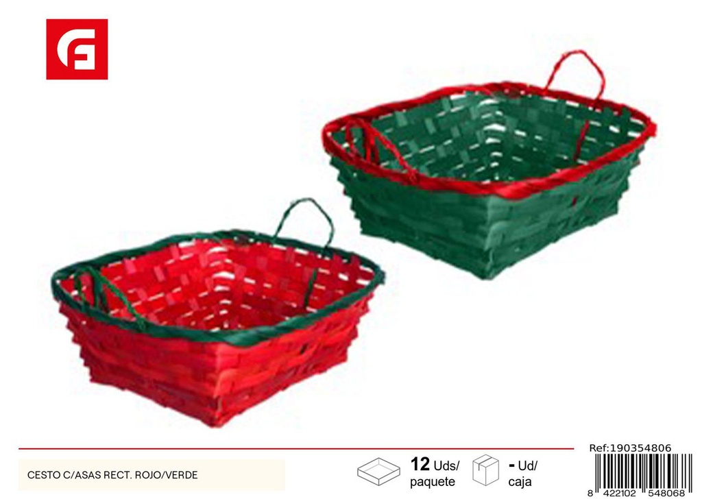 Cesta con asas rectangular rojo-verde - Cestas de Navidad